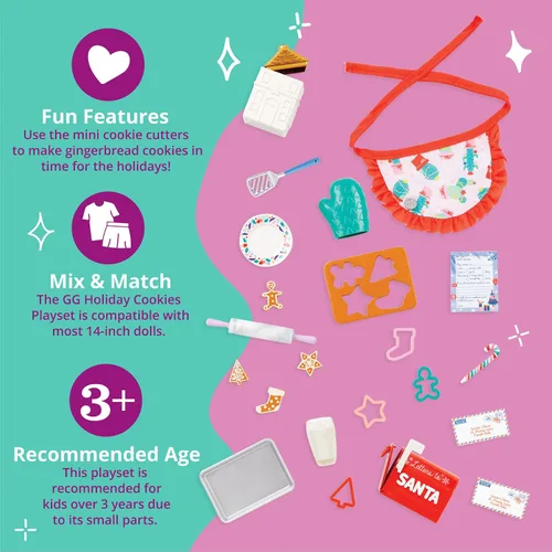 Miniatura 4 de Glitter Girls Accesorios para muñecas de 14 pulgadas - Juego de galletas navideñas - Juego de 23 piezas para hornear - Delantal, guante de horno