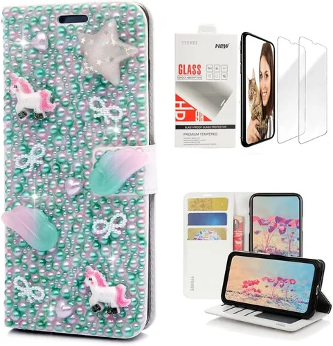Miniatura 6 de Bling Wallet - Funda para teléfono compatible con iPhone 11, elegante, hecha a mano en 3D, de cristal de pavo real, magnética, con protector
