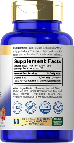 Miniatura 2 de Carlyle Vitamina B-12 6000mcg 120 tabletas de disolución rápida Sabor natural de bayas Cianocobalamina y metilcobalamina Suplemento