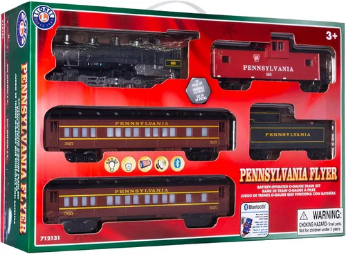 Miniatura 18 de Juego de tren de juguete Lionel Pennsylvania Flyer a batería, escala O, con control remoto, locomotora, vagones de tren y vía con efectos auténticos