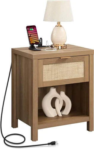 Miniatura 11 de SICOTAS Juego de 2 mesitas de noche negras con estación de carga, mesita de noche de ratán con cajón, moderna mesita de noche con puertos USB y tipo