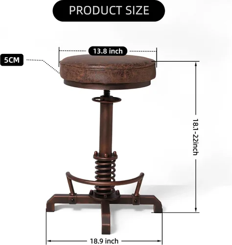 Miniatura 3 de Taburete de bar vintage ajustable de altura de 22 a 26 pulgadas, taburete de isla de cocina industrial con asiento giratorio de poliuretano