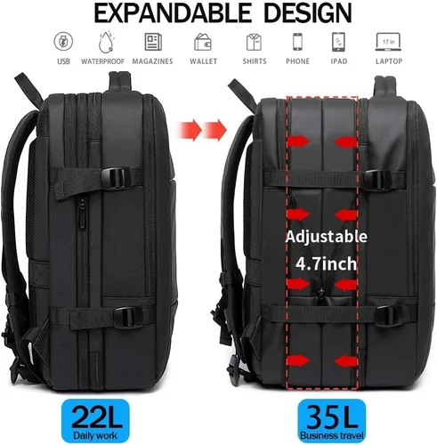 Miniatura 6 de BANGE Mochilas de viaje de 35L, mochila de mano expandible para aviones, mochila impermeable para laptop de 17.3 pulgadas para hombres y mujeres