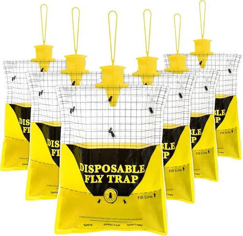 Miniatura 10 de Trampas para moscas al aire libre para patio, paquete de 4 bolsas grandes precebadas desechables para exteriores, cazador de moscas colgantes