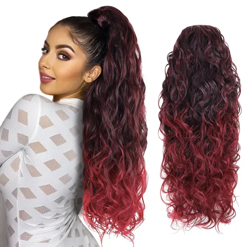 Miniatura 11 de Extensiones de cabello ombré 1B/27, cola de caballo para mujeres negras, extensiones de cola de caballo largas onduladas con cordón, extensiones