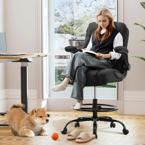 Miniatura 2 de Silla de dibujo alta para escritorio de pie, silla de escritorio alta ergonómica con anillo de pie ajustable, reposabrazos abatibles, soporte Negro