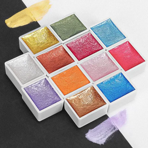 Miniatura 7 de Emooqi Juego de pinturas de acuarela, pintura sólida de acuarela con purpurina metálica, incluye 12 colores metálicos con purpurina, 2 pinceles