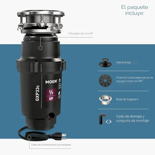 Miniatura 4 de Moen Lite Series PRO GXP33C - Triturador de basura compacto de alimentación continua para fregadero de cocina con cable de alimentación