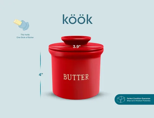Miniatura 7 de KooK Vajilla de mantequilla con tapa, mantequilla suave para untar, recipiente de mantequilla francés de cerámica para dejar en la encimera con Rojo