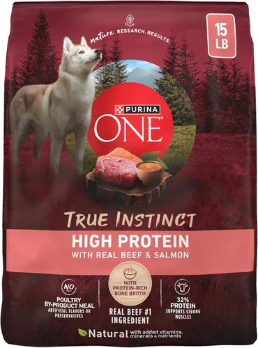 Purina ONE Alimento seco natural para perros con alto contenido de proteínas, True Instinct con carne de res real y salmón con caldo de huesos y