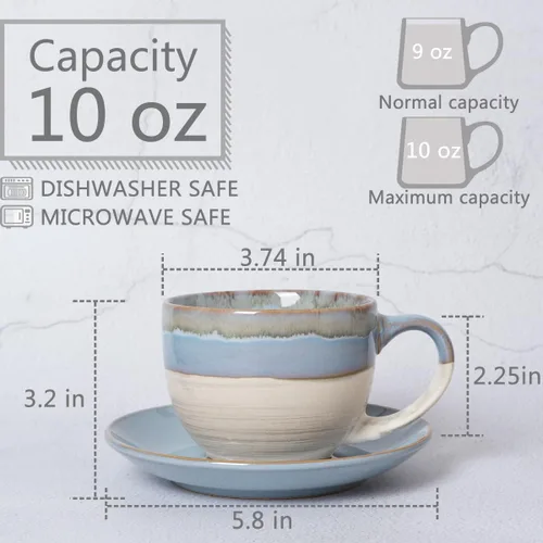 Miniatura 2 de Bosmarlin Juego de 2 Tazas de Capuchino de Cerámica y Platillo, 10 Oz, Tazas de Café para Café con Leche, Espresso, Té, Aptas para Lavavajillas