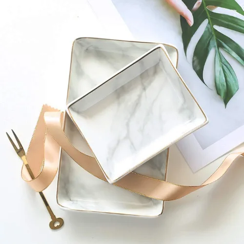 Miniatura 2 de Bandeja de cerámica de mármol para joyas, anillo y anillos, organizador de exhibición con bordes dorados, regalo de boda, día de San Valentín