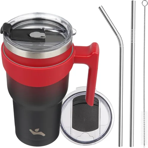 Miniatura 14 de Konokyo - Vaso de 10 onzas con asa y 2 popotes, 2 tapas, botella de agua aislada de acero inoxidable, taza de viaje reutilizable, color verde militar