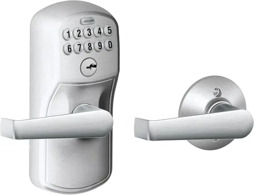 Schlage - FE575 PLY 626 FLA Plymouth - Entrada de teclado con bloqueo automático y palancas Elan, cromado con brocha. Cromo satinado