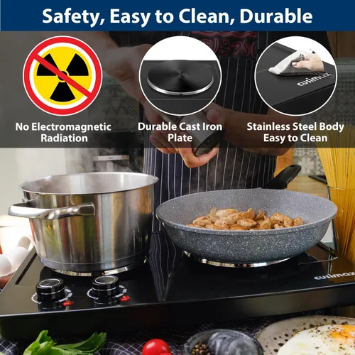 Miniatura 7 de CUSIMAX Placa caliente eléctrica de 1800 W, quemador doble de encimera para cocinar, quemador eléctrico portátil con control de temperatura Negro