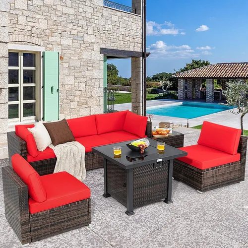 Miniatura 3 de Tangkula Juego de muebles de patio de 7 piezas con mesa para fogata, 50,000 BTU 32 pulgadas de propano con cubierta impermeable, juego de mimbre
