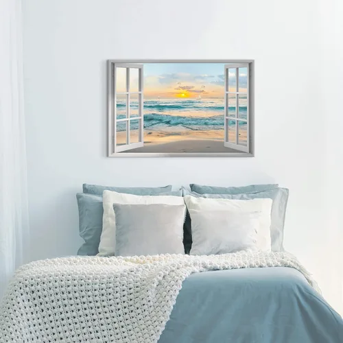 Miniatura 6 de Arte de pared con ventana abierta del océano: puesta de sol, escena de playa costera, pintada sobre lienzo, paisaje marino azul, veleros náuticos