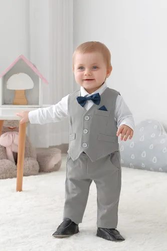 Miniatura 2 de DISAUR Ropa de bebé para niño, 4 piezas de traje de caballero + chaleco + pantalones + corbata de lazo de algodón