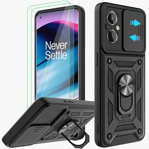 Funda para OnePlus Nord N20 5G con cubierta deslizante para cámara y 2 protectores de pantalla HD, soporte de anillo de rotación de 360° [grado Negro