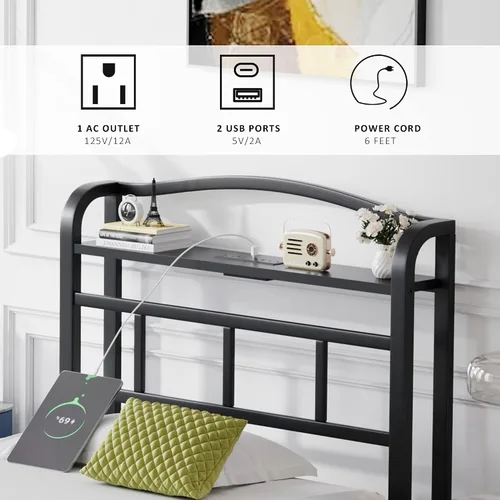 Miniatura 4 de SHOANED Base de cama de metal de 14 pulgadas, base de colchón básica de plataforma resistente de color negro con cabecera y estación de carga,