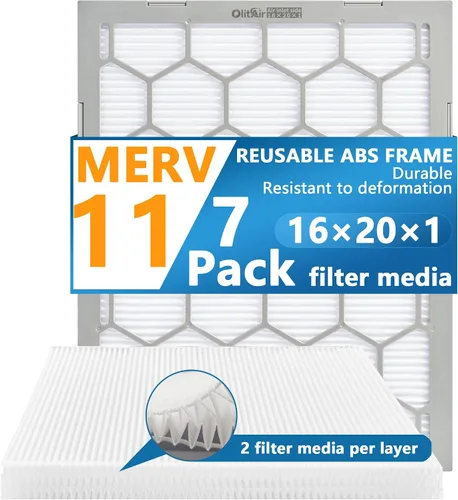Miniatura 18 de Filtro de aire MERV 13 de 20 x 20 x 1, filtro de aire para horno de CA, marco de plástico ABS reutilizable, paquete de 7 medios de filtro