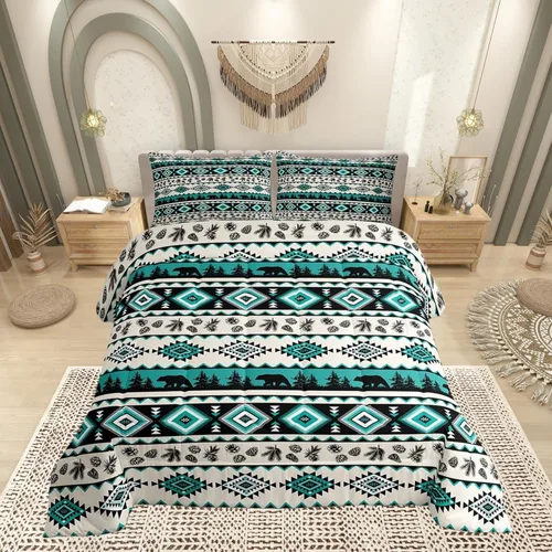 Miniatura 14 de Castle Fairy Juego de edredón con estampado azteca occidental, juego de ropa de cama geométrica a rayas marrones para niños y adolescentes