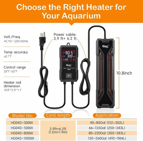 Miniatura 5 de hygger Calentador para Acuarios 300W/500W/800W/1000W, Calentador Sumergible para Tanque de Peces con Controlador LED Digital y Sistema Inteligente