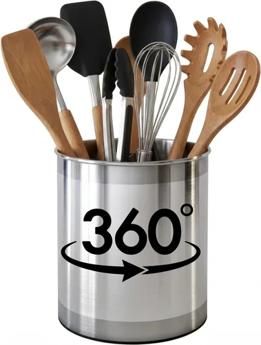 Cooler Kitchen Portautensilios Giratorio Extra Grande de Acero Inoxidable con Base Pesada Estable Anti-Volcado, Divisor Extraíble, e Inserto Plateado