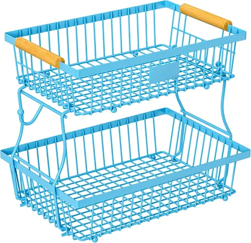 Miniatura 12 de Cesta de frutas de 2 niveles para encimera de cocina con 2 ganchos para plátanos, cesta de pan de metal para encimera con mango de madera, soporte
