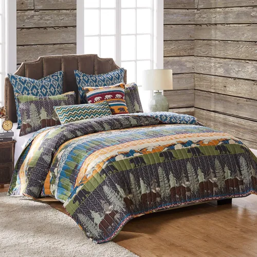Miniatura 7 de Greenland Home juego de edredón con diseño de pinos y osos, negro, Algodón, Multicolor, gemelo