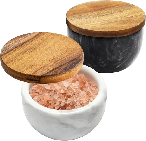 jalz jalz Maceta de sal de mármol – Tazón de sal pesado antideslizante con cubierta de madera de acacia y cuchara, capacidad de 10 onzas,