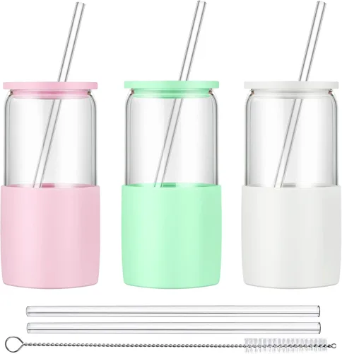 Miniatura 10 de Sunseeke Vaso de vidrio con popote y tapa, taza de café helado de 16oz, manga de silicona y cepillos de limpieza, vasos para agua, café helado