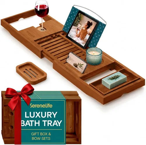 SereneLife Bandeja de bañera premium con caja de regalo y juego de lazo, bandeja de baño expandible, regalos únicos de inauguración de la casa para