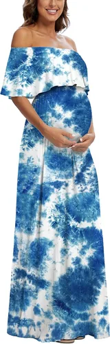 Vestido largo de maternidad con volantes y hombros descubiertos, vestido largo y fluido para baby showersesión de fotos
