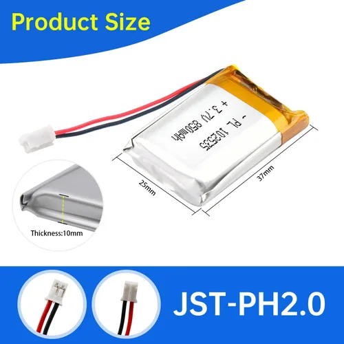 Miniatura 3 de 102535 3.7V Lipo Batería 850mAh 102535 Batería recargable de polímero de litio con conector JST PH2.0.000 in para dispositivo electrónico
