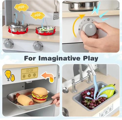 Miniatura 4 de HONEY JOY Juego de cocina para niños, cocina de doble cara para niños pequeños y restaurantes, utensilios de cocina, microondas, fregadero, gabinete