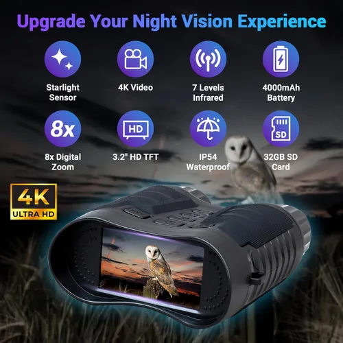 Miniatura 2 de Prismáticos de visión nocturna Pro mejorados, gafas de visión nocturna Ultra 4K con zoom digital 8X, pantalla de 3.2 pulgadas, tarjeta SD de 32 GB