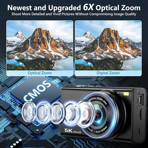 Miniatura 3 de Cámara digital 5K 96MP para fotografía con zoom óptico 6X, cámara de enfoque automático mejorada 2026 para YouTube con doble lente, tarjeta de 64