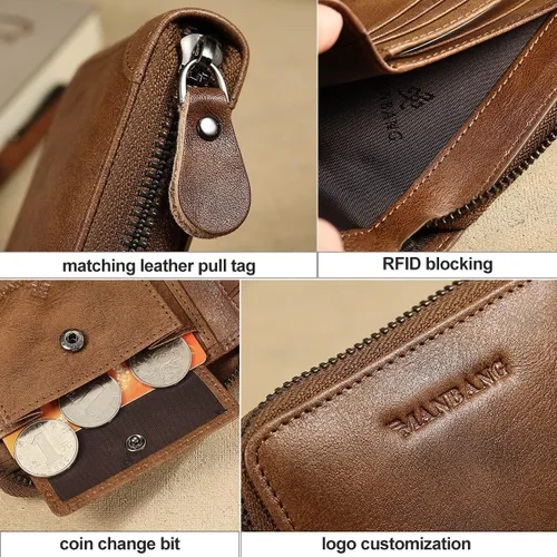 Miniatura 6 de MANBANG Cartera de piel auténtica para hombre con bloqueo RFID con cremallera Hecho a mano caqui