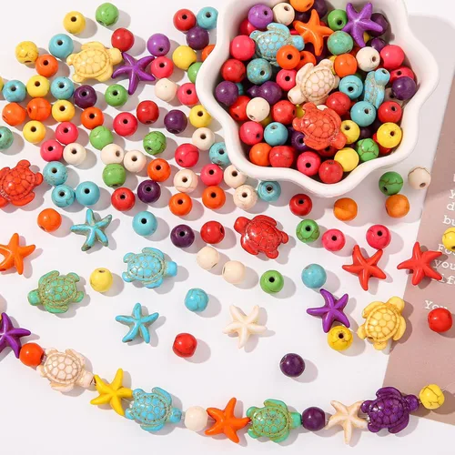 Miniatura 6 de 210 cuentas de turquesa con cuentas de tortuga marina floral, cuentas de tortuga blanca, cuentas sintéticas de estrellas de mar turquesa