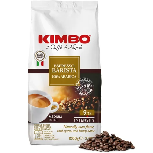 Miniatura 6 de Kimbo Café en grano entero, aroma dorado, 100% café Acrabica, tostado oscuro medio, intensidad 9/13, bolsa de 2.2 libras (35.27 onzas)