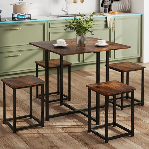 Miniatura 9 de Tangkula Juego de mesa de comedor compacto para 4, juego de mesa de cocina pequeña con taburetes cuadrados y marco de metal, perfecto para espacios