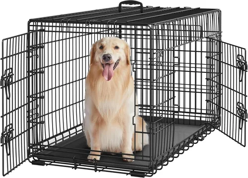 Yaheetech Jaula para perros de doble puerta de 42 pulgadas con divisor para cachorros a adultos, caja de metal plegable XL con bandeja extraíble de