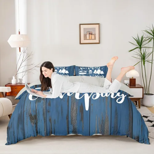 Miniatura 11 de Decoraciones para caravanas de remolques, funda de edredón de campamento feliz, juego de ropa de cama rústica color rojo de 3 piezas para niños