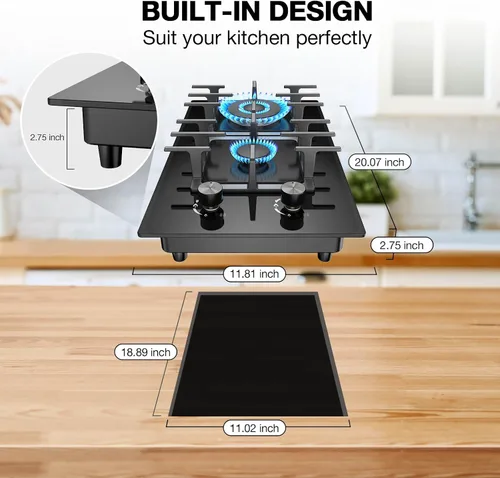 Miniatura 2 de Estufa de Gas de 2 Quemadores Tope de Cocina de Propano, Tope de Cocina de Gas de Vidrio Templado de 12 Pulgadas Quemador de Gas de Acero Inoxidable
