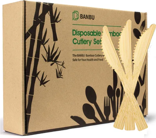 Miniatura 7 de Banbu Cubiertos de bambú desechables, 100 unidades de cuchillos de bambú desechables de 6.7 pulgadas, cuchillo biodegradable 100% compostable