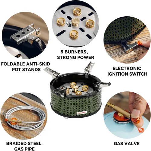 Miniatura 4 de Estufa de gas portátil para acampar con bolsa de almacenamiento y adaptadores de gas, estufa de propano de 5 quemadores para patio al aire libre