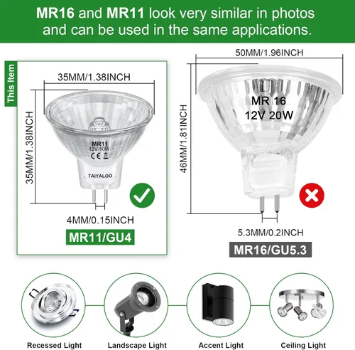 Miniatura 3 de MR11 - Bombillas halógenas de 12 V y 10 W, bombilla FTD de 2 pines, base GU4 bi-pines, bombillas reflectoras de precisión de fibra óptica