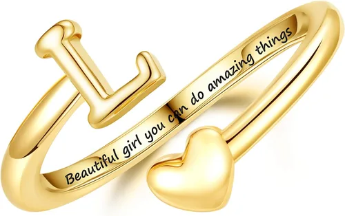 Miniatura 18 de Turandoss Regalos para el día de San Valentín para adolescentes, anillos de oro para niños, chapados en oro de 14 quilates con inicial para letra A