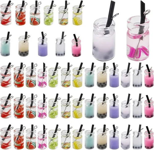 Miniatura 9 de SUNNYCLUE 1 caja de 7 estilos de té con leche y frutas, mini botella, colgantes de helado de Boba para bebidas de imitación, joyería de vidrio, 28